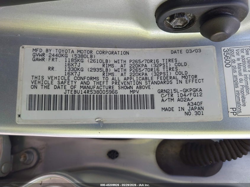 2003 Toyota 4runner VIN JTEBU14R538005966 IAAI salvage auction — FRONT END, Salvage (Texas), sold $1,600 on 2026-07-14 (photo 9)