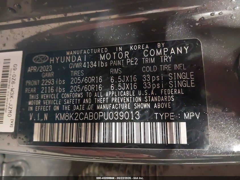 2023 Hyundai Kona VIN KM8K2CAB0PU039013 IAAI salvage auction — NORMAL WEAR, SF97 (South Dakota), sold $7,100 on 2026-07-09 (photo 9)