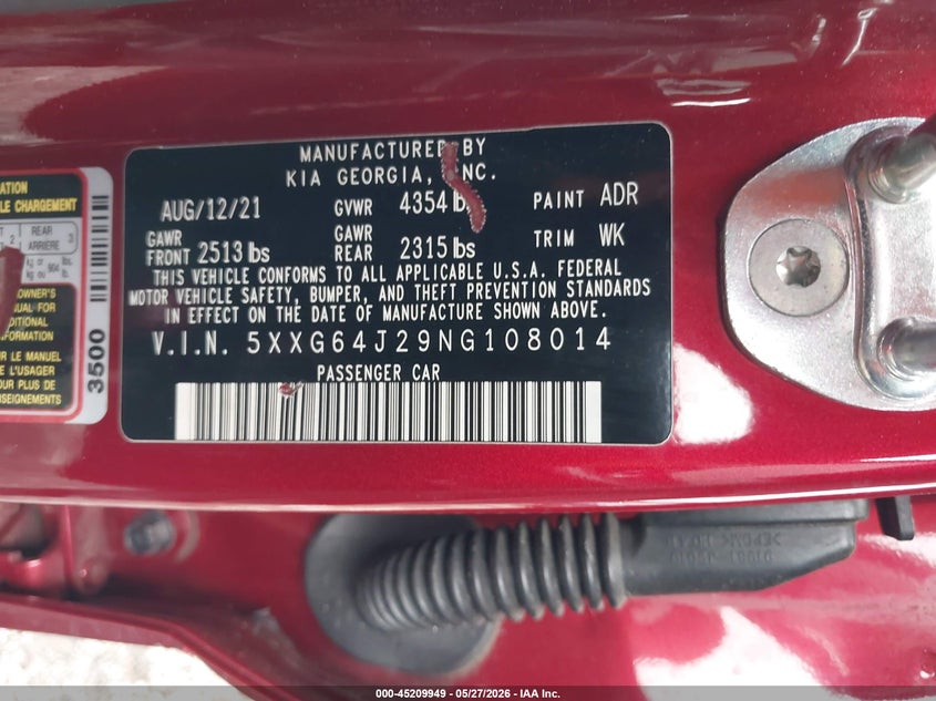 2022 Kia K5 VIN 5XXG64J29NG108014 IAAI salvage auction — LEFT SIDE, Salvage Title, sold $3,650 on 2026-07-31 (photo 9)