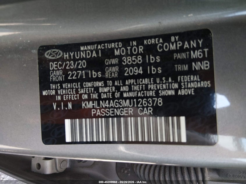 2021 Hyundai Elantra VIN KMHLN4AG3MU126378 IAAI salvage auction — FRONT END, Salvage (Pennsylvania), sold $2,700 on 2026-07-24 (photo 9)