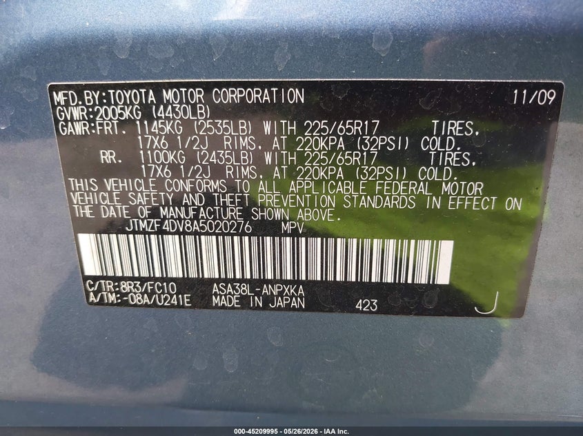 2010 Toyota Rav4 VIN JTMZF4DV8A5020276 IAAI salvage auction — FRONT & REAR, Rebuildable (Florida), sold $1,850 on 2026-07-17 (photo 9)