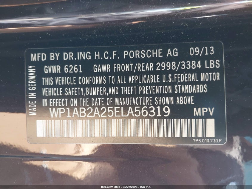 2014 Porsche Cayenne VIN WP1AB2A25ELA56319 IAAI salvage auction — REAR END, Salvage (California), sold $225 on 2026-07-29 (photo 9)