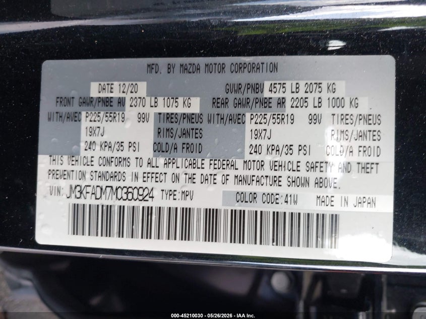 2021 Mazda Cx-5 VIN JM3KFADM7M0360924 IAAI salvage auction — FRONT END, Salvage (California), sold $3,550 on 2026-07-14 (photo 9)