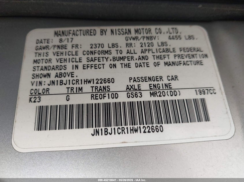 2017 Nissan Rogue VIN JN1BJ1CR1HW122660 IAAI salvage auction — FRONT END, Salvage - Greater Than 75% (Maryland), sold $1,750 on 2026-07-07 (photo 9)