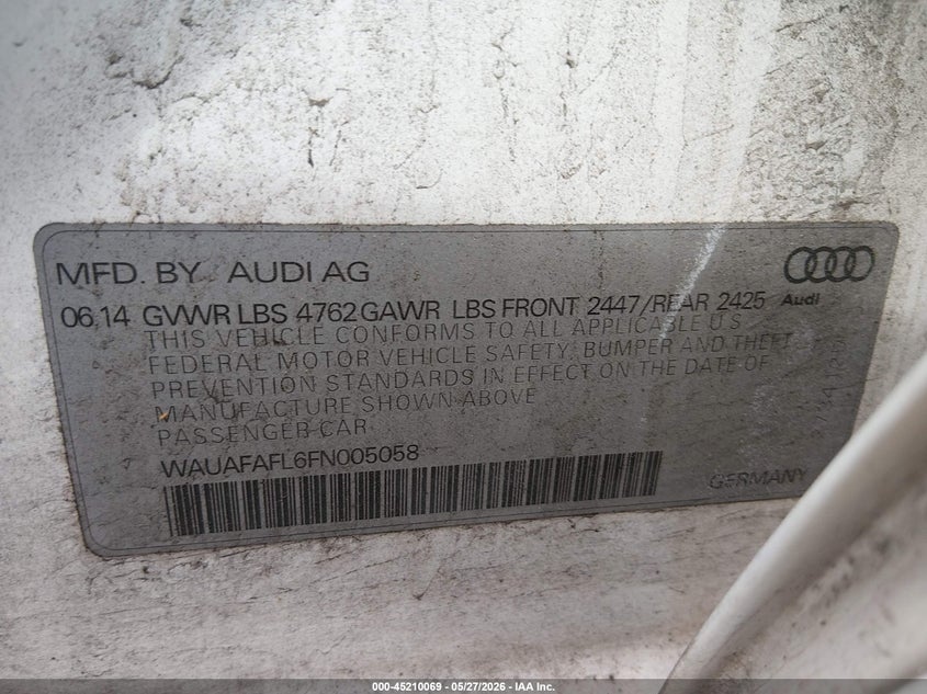 2015 Audi A4 VIN WAUAFAFL6FN005058 IAAI salvage auction — FRONT END, Salvage (New Jersey), sold $975 on 2026-07-06 (photo 9)