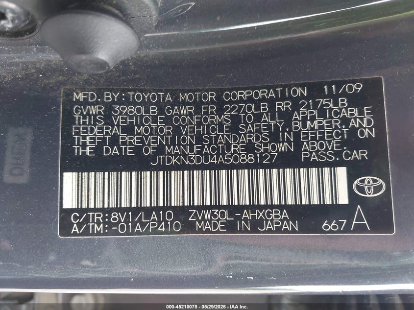 2010 Toyota Prius VIN JTDKN3DU4A5088127 IAAI salvage auction — FRONT & REAR, Salvage (Georgia), sold $1,050 on 2026-07-09 (photo 9)