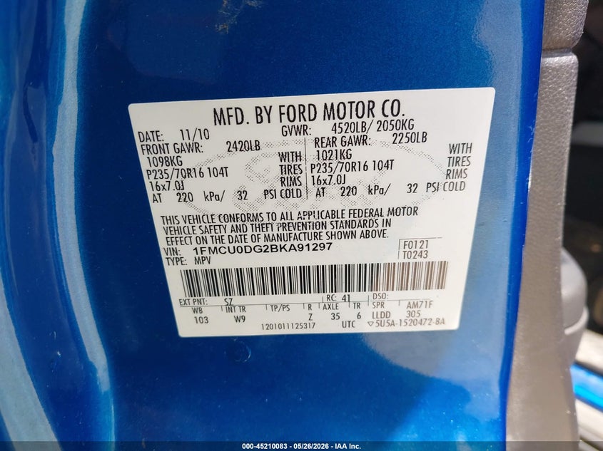 2011 Ford Escape VIN 1FMCU0DG2BKA91297 IAAI salvage auction — ROOF, Salvage (Tennessee), sold $1,175 on 2026-07-09 (photo 9)