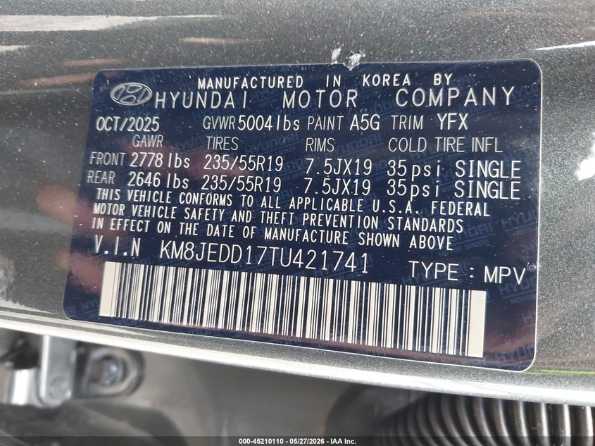 2026 Hyundai Tucson VIN KM8JEDD17TU421741 IAAI salvage auction — REAR END, Salvage Title, sold $11,800 on 2026-07-21 (photo 9)