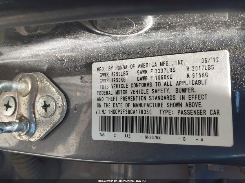 2012 Honda Accord VIN 1HGCP2F38CA176350 IAAI salvage auction — LEFT FRONT, Salvage Title, sold $850 on 2026-07-29 (photo 9)