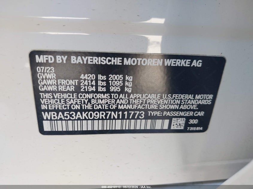 2024 BMW VIN WBA53AK09R7N11773 IAAI salvage auction — LEFT FRONT, Salvage (California), sold $9,100 on 2026-07-22 (photo 9)