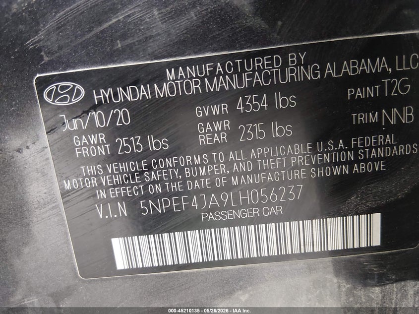 2020 Hyundai Sonata VIN 5NPEF4JA9LH056237 IAAI salvage auction — FRONT END, Salvage (Illinois), sold $2,700 on 2026-07-14 (photo 9)