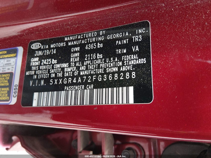 2015 Kia Optima VIN 5XXGR4A72FG368288 IAAI salvage auction — FRONT END, Salvage (South Carolina), sold $125 on 2026-07-28 (photo 9)