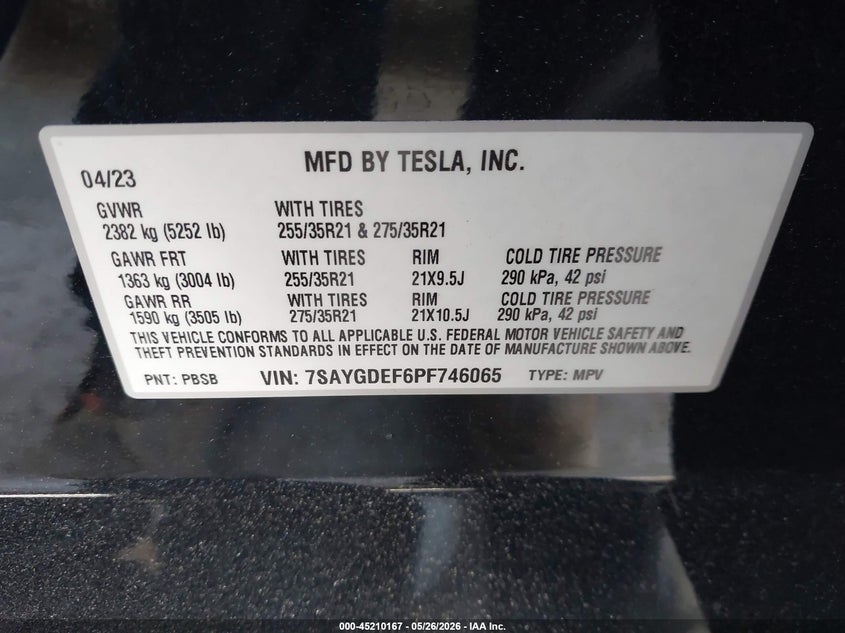 2023 Tesla Model y VIN 7SAYGDEF6PF746065 IAAI salvage auction — RIGHT FRONT, Salvage (California), sold $8,400 on 2026-07-18 (photo 9)