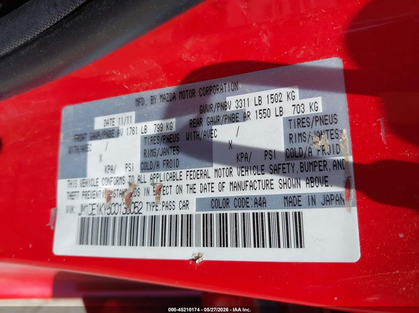 2012 Mazda 2 VIN JM1DE1KY5C0138052 IAAI salvage auction — HAIL, Salvage (Iowa), sold $1,300 on 2026-07-13 (photo 9)