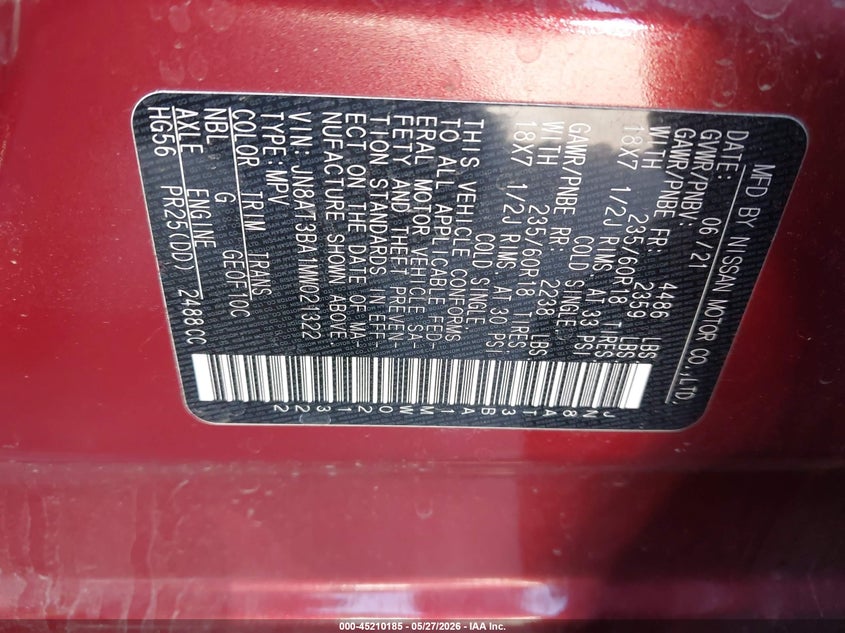 2021 Nissan Rogue VIN JN8AT3BA1MW021322 IAAI salvage auction — RIGHT SIDE, Salvage Title, sold $5,450 on 2026-07-20 (photo 9)