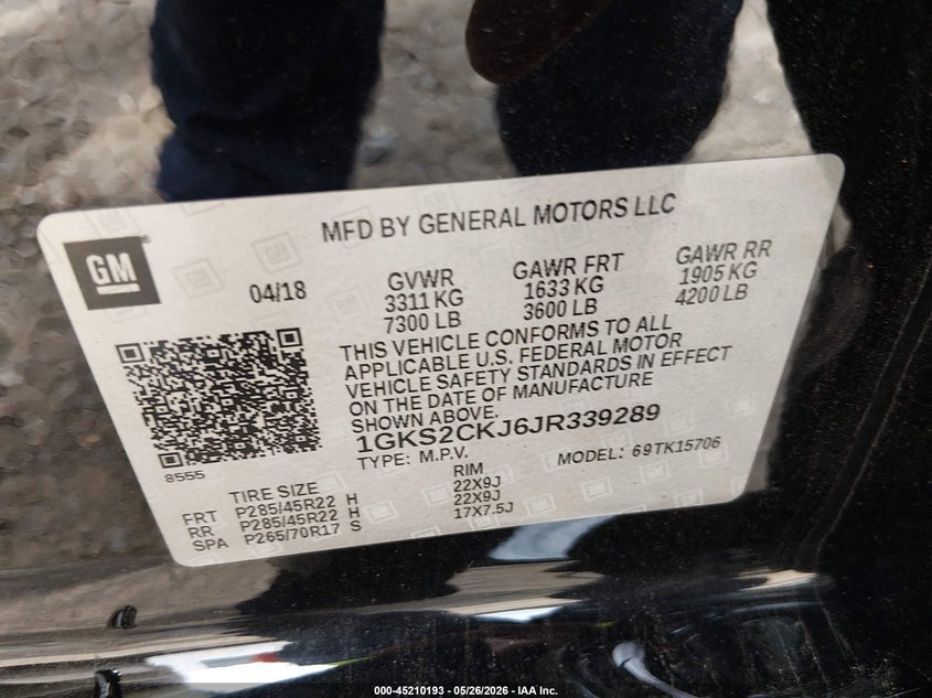 2018 Gmc Yukon VIN 1GKS2CKJ6JR339289 IAAI salvage auction — FRONT END, Salvage (Georgia), sold $7,100 on 2026-07-09 (photo 9)