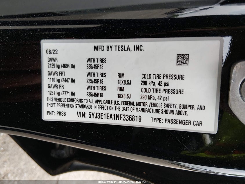 2022 Tesla Model 3 VIN 5YJ3E1EA1NF336819 IAAI salvage auction — FRONT END, Salvage (New Jersey), sold $6,500 on 2026-08-02 (photo 9)