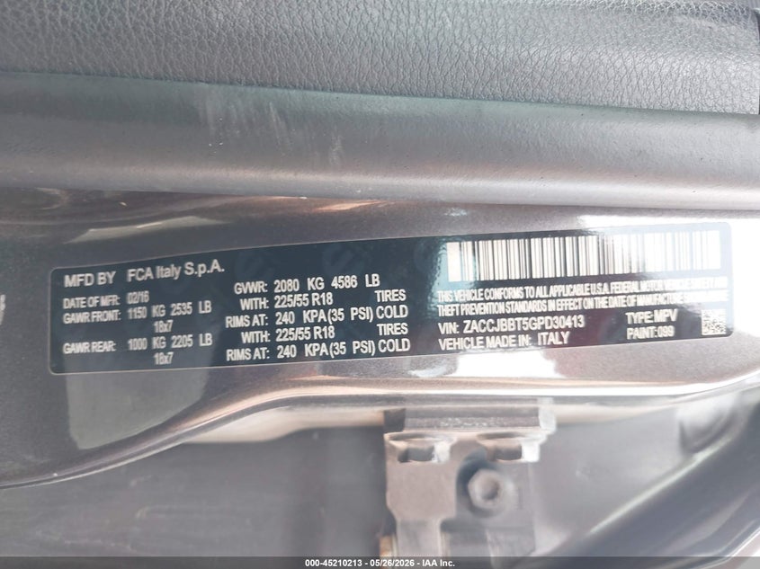2016 Jeep Renegade VIN ZACCJBBT5GPD30413 IAAI salvage auction — REAR END, Salvage (Iowa), sold $1,000 on 2026-07-27 (photo 9)