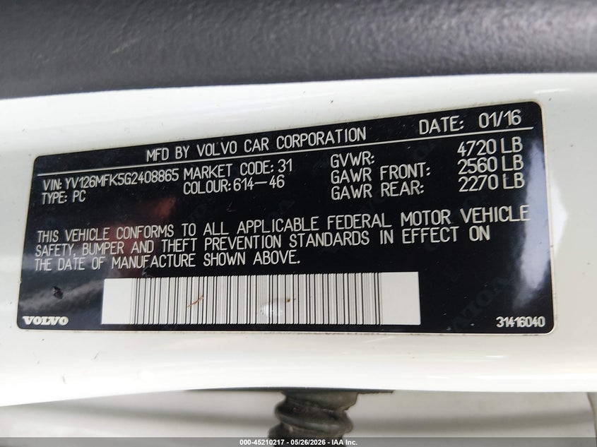 2016 Volvo S60 VIN YV126MFK5G2408865 IAAI salvage auction — LEFT SIDE, Salvage (South Carolina), sold $1,200 on 2026-07-15 (photo 9)