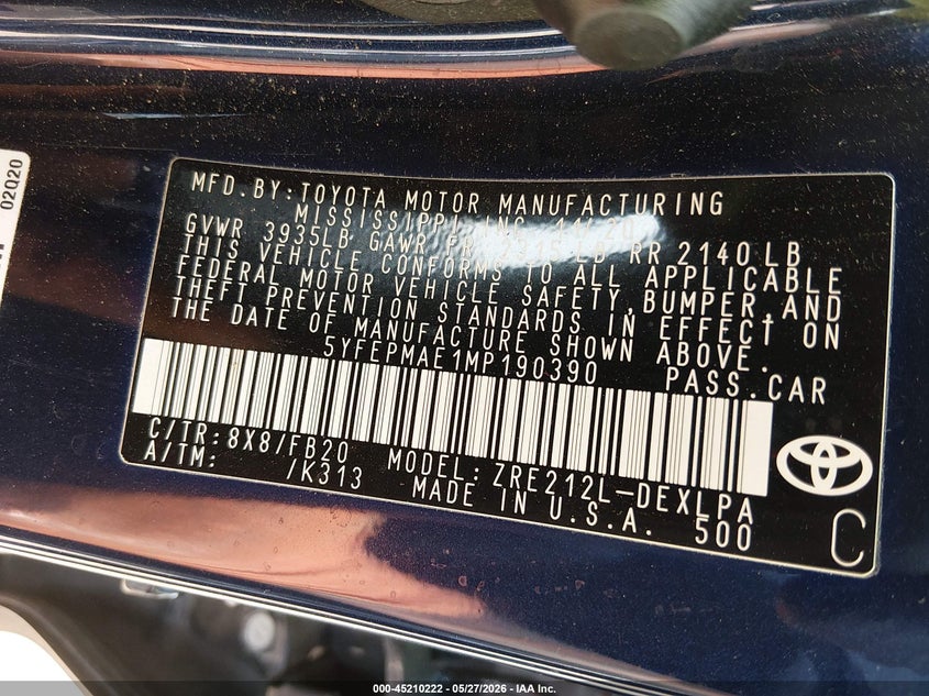 2021 Toyota Corolla VIN 5YFEPMAE1MP190390 IAAI salvage auction — FRONT END, Salvage Title, sold $1,400 on 2026-07-20 (photo 9)
