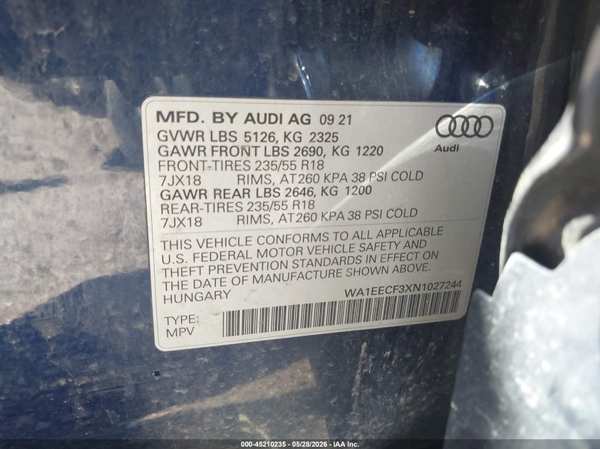 2022 Audi Q3 VIN WA1EECF3XN1027244 IAAI salvage auction — LEFT FRONT, Salvage Title, sold $7,000 on 2026-07-11 (photo 9)