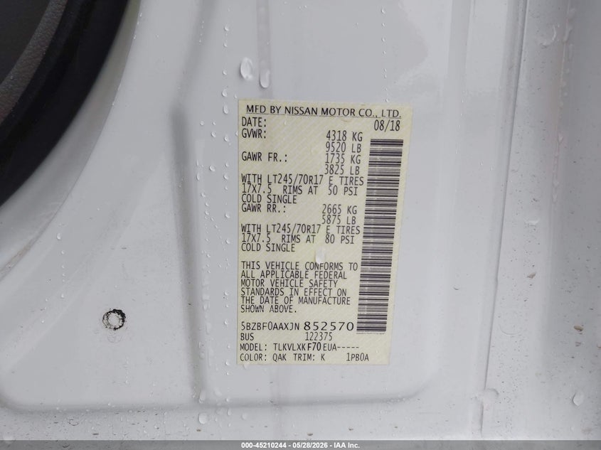 2018 Nissan VIN 5BZBF0AAXJN852570 IAAI salvage auction — HAIL, Salvage Title, sold $12,500 on 2026-07-26 (photo 9)