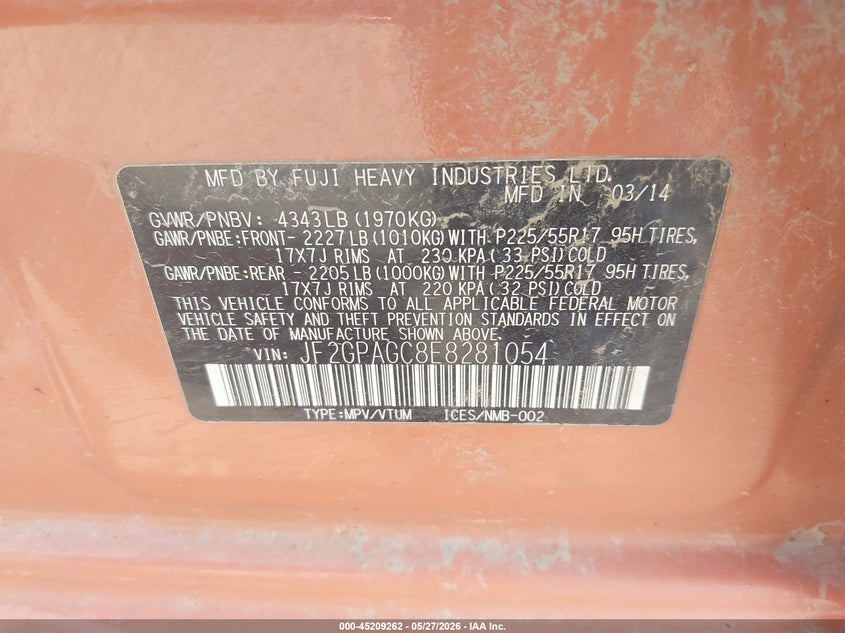 2014 Subaru Xv VIN JF2GPAGC8E8281054 IAAI salvage auction — FRONT END, Salvage Title, sold $350 on 2026-07-12 (photo 9)