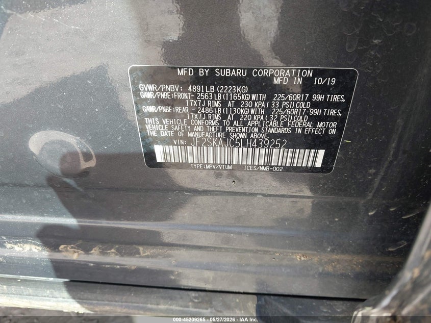 2020 Subaru Forester VIN JF2SKAJC5LH439252 IAAI salvage auction — ALL OVER, Bill Of Sale (Alaska), sold $100 on 2026-07-24 (photo 9)
