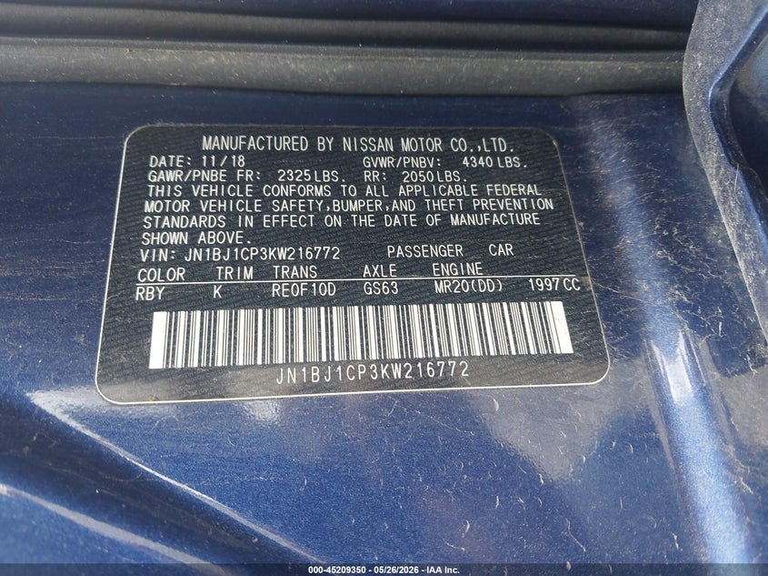 2019 Nissan Rogue VIN JN1BJ1CP3KW216772 IAAI salvage auction — RIGHT SIDE, Salvage (Alabama), sold $25 on 2026-07-29 (photo 9)