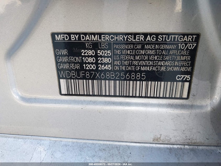 2008 Mercedes-benz E-class VIN WDBUF87X68B256885 IAAI salvage auction — REAR END, Salvage (California), sold $475 on 2026-07-15 (photo 9)