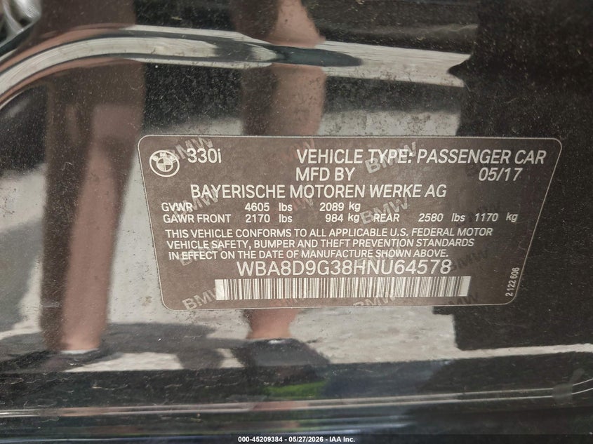 2017 BMW 3er VIN WBA8D9G38HNU64578 IAAI salvage auction — HAIL, Salvage Title, sold $5,300 on 2026-07-06 (photo 9)