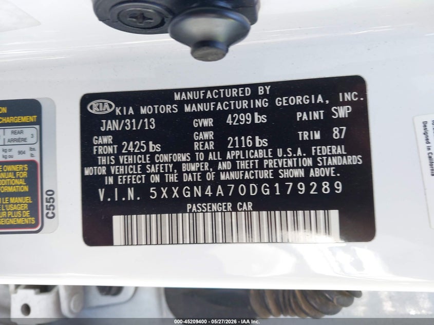 2013 Kia Optima VIN 5XXGN4A70DG179289 IAAI salvage auction — LEFT FRONT, Salvage Title, sold $1,100 on 2026-07-13 (photo 9)
