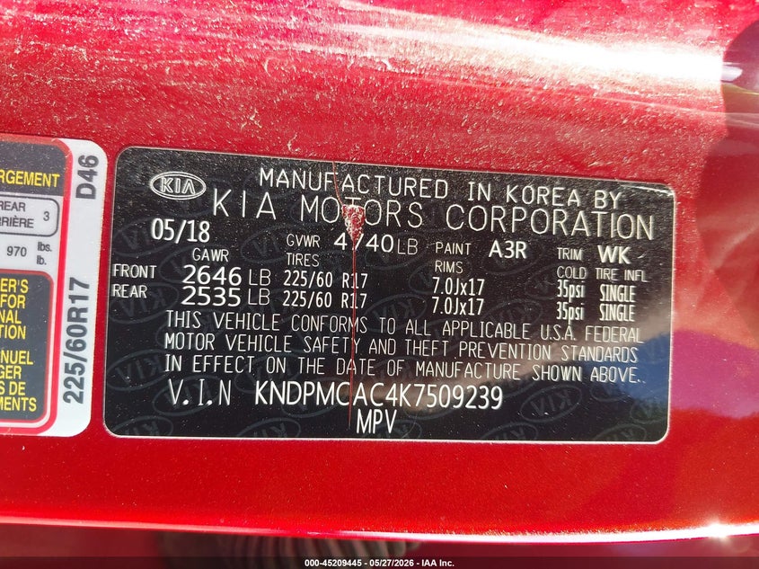 2019 Kia Sportage VIN KNDPMCAC4K7509239 IAAI salvage auction — FRONT END, Salvage Title, sold $1,000 on 2026-07-09 (photo 9)