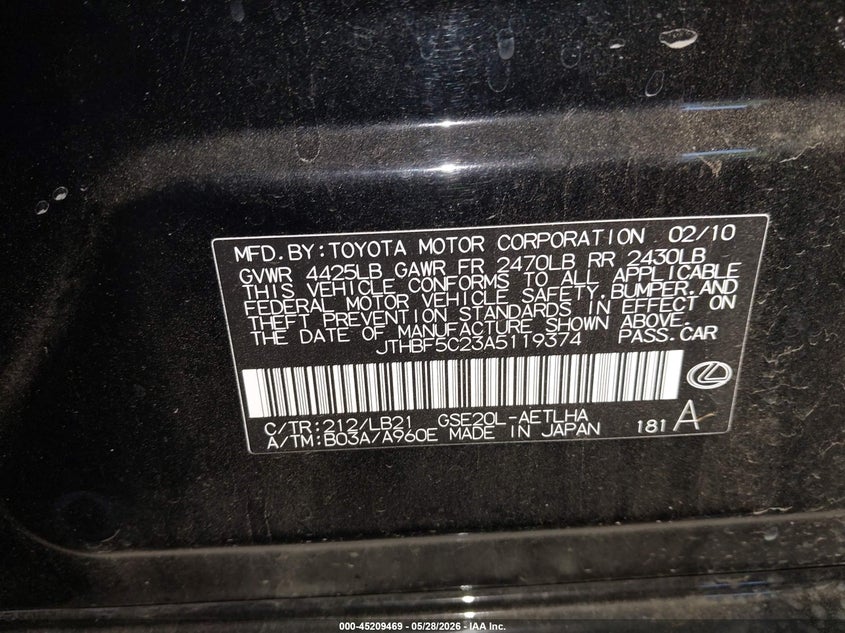 2010 Lexus Is 250 VIN JTHBF5C23A5119374 IAAI salvage auction — FRONT END, Salvage (Oregon), sold $875 on 2026-07-30 (photo 9)