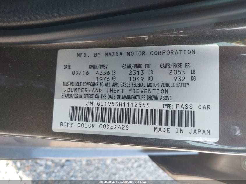 2017 Mazda 6 VIN JM1GL1V53H1112555 IAAI salvage auction — RIGHT REAR, Salvage Title, sold $2,900 on 2026-07-14 (photo 9)