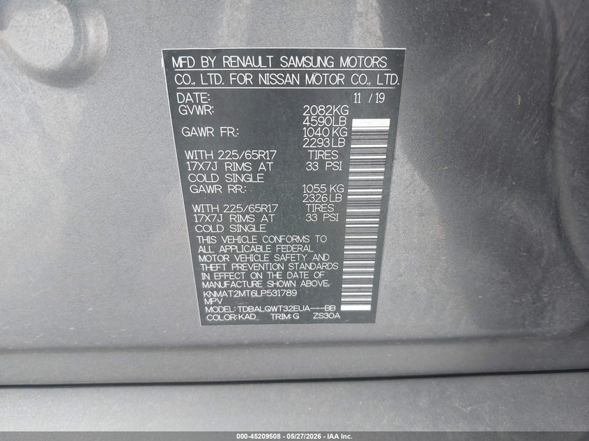 2020 Nissan Rogue VIN KNMAT2MT6LP531789 IAAI salvage auction — FRONT END, Salvage Title, sold $2,300 on 2026-07-21 (photo 9)