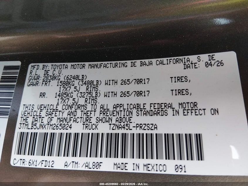 2026 Toyota Tacoma VIN 3TMLB5JNXTM265024 IAAI salvage auction — FRONT END, Salvage Title, sold $16,200 on 2026-07-30 (photo 9)