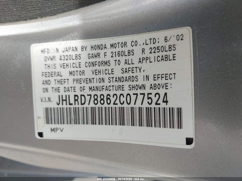 2002 Honda Cr-v VIN JHLRD78862C077524 IAAI salvage auction — NORMAL WEAR, Clear (New York), sold $400 on 2026-07-28 (photo 9)