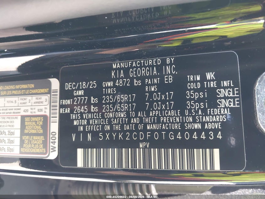 2026 Kia Sportage VIN 5XYK2CDF0TG404434 IAAI salvage auction — HAIL, Salvage Title, sold $425 on 2026-07-21 (photo 9)