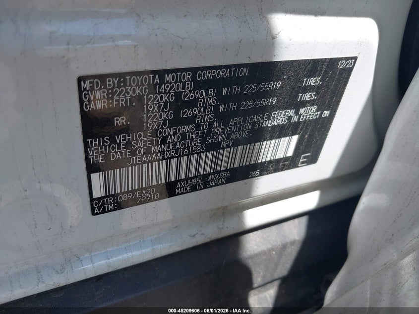 2024 Toyota Venza VIN JTEAAAAHXRJ161583 IAAI salvage auction — FRONT END, Salvage Title, sold $6,500 on 2026-07-28 (photo 9)