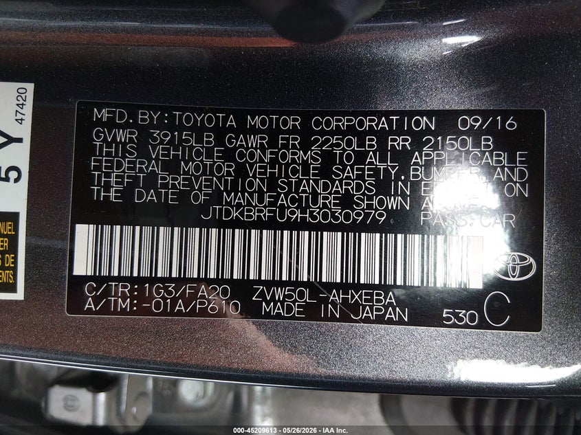 2017 Toyota Prius VIN JTDKBRFU9H3030979 IAAI salvage auction — FRONT END, Salvage (California), sold $875 on 2026-07-30 (photo 9)