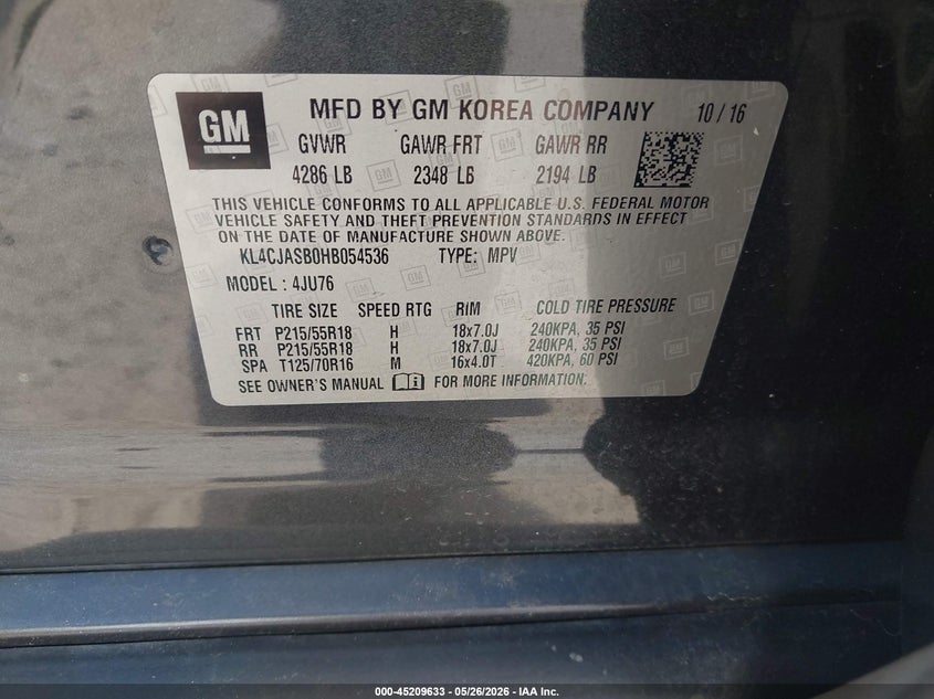 2017 Buick Encore VIN KL4CJASB0HB054536 IAAI salvage auction — FRONT END, Salvage (Texas), sold $1,625 on 2026-07-30 (photo 9)