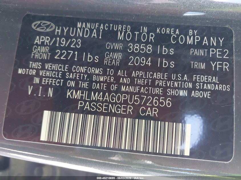 2023 Hyundai Elantra VIN KMHLM4AG0PU572656 IAAI salvage auction — LEFT SIDE, Clear (Tennessee), sold $5,100 on 2026-07-30 (photo 9)