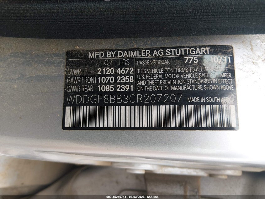 2012 Mercedes-benz C-klasse VIN WDDGF8BB3CR207207 IAAI salvage auction — SIDE, Salvage (Mississippi), sold $750 on 2026-07-29 (photo 9)