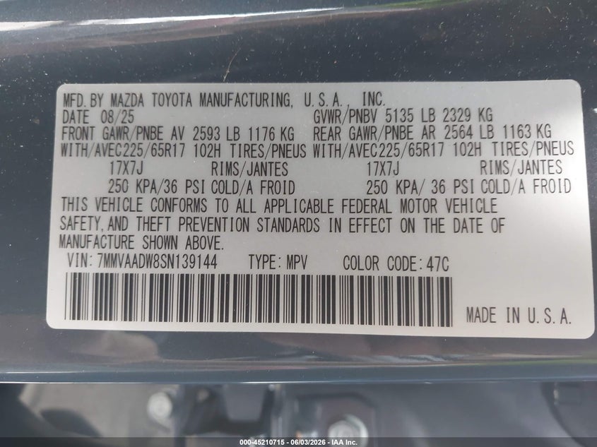 2025 Mazda Cx-50 VIN 7MMVAADW8SN139144 IAAI salvage auction — FRONT END, Rebuildable (Florida), sold $14,400 on 2026-07-12 (photo 9)