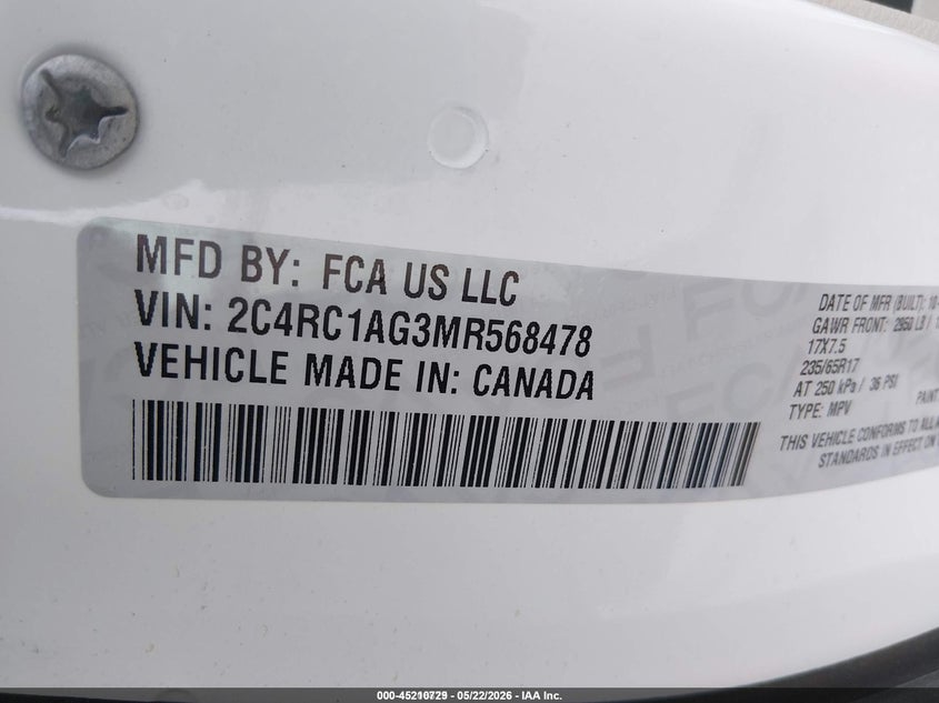 2021 Chrysler Voyager VIN 2C4RC1AG3MR568478 IAAI salvage auction — RIGHT FRONT, Sf97 (Iowa), sold $9,300 on 2026-07-09 (photo 9)