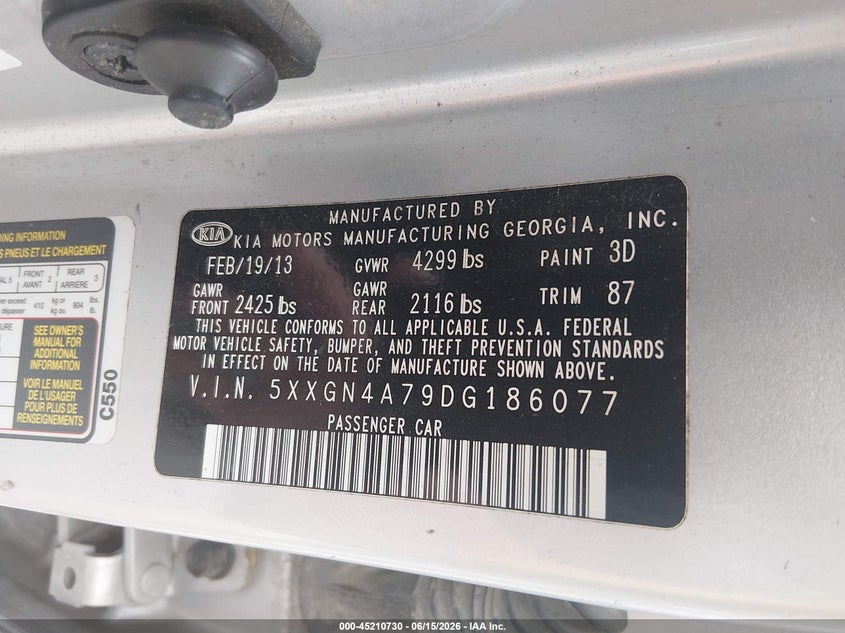 2013 Kia Optima VIN 5XXGN4A79DG186077 IAAI salvage auction — ROLLOVER, Salvage (North Carolina), sold $350 on 2026-07-15 (photo 9)
