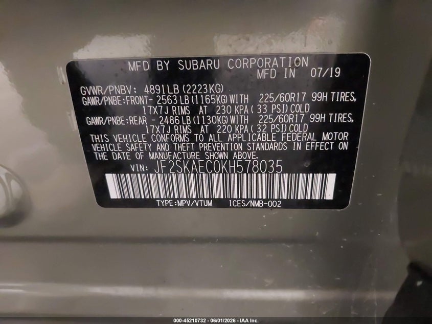 2019 Subaru Forester VIN JF2SKAEC0KH578035 IAAI salvage auction — HAIL, Salvage Title, sold $6,100 on 2026-07-28 (photo 9)
