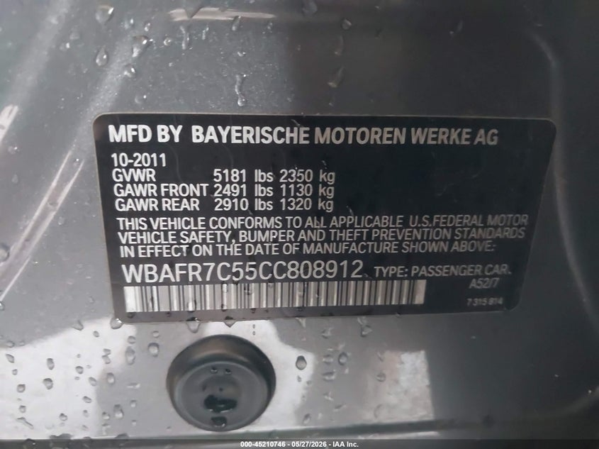 2012 BMW 5er VIN WBAFR7C55CC808912 IAAI salvage auction — REAR END, Original (Texas), sold $3,350 on 2026-07-16 (photo 9)