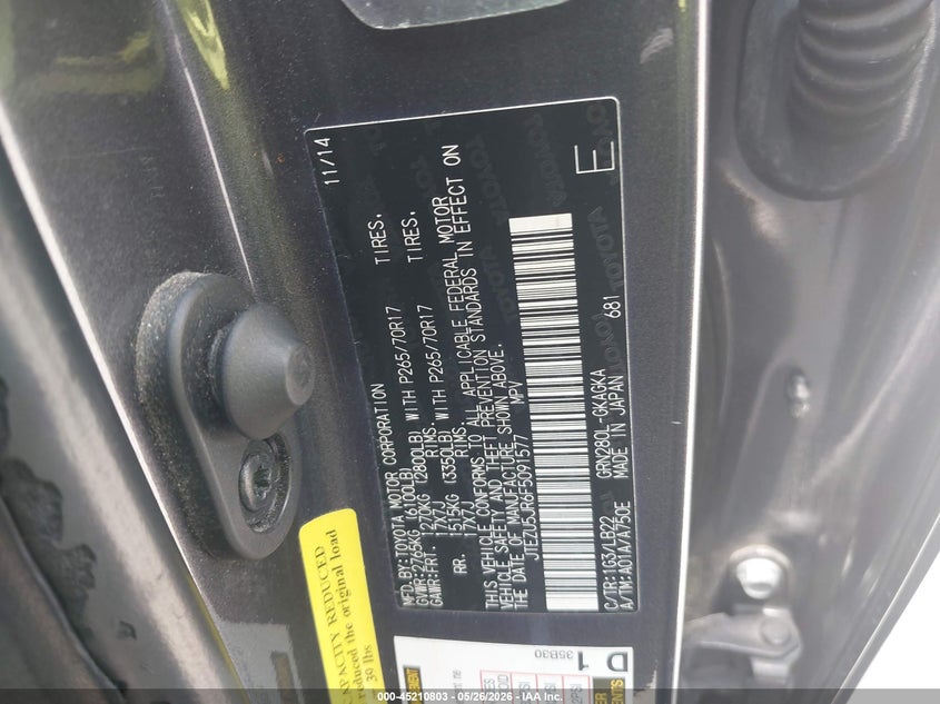 2015 Toyota 4runner VIN JTEZU5JR6F5091577 IAAI salvage auction — REAR END, Original (Texas), sold $10,225 on 2026-07-15 (photo 9)